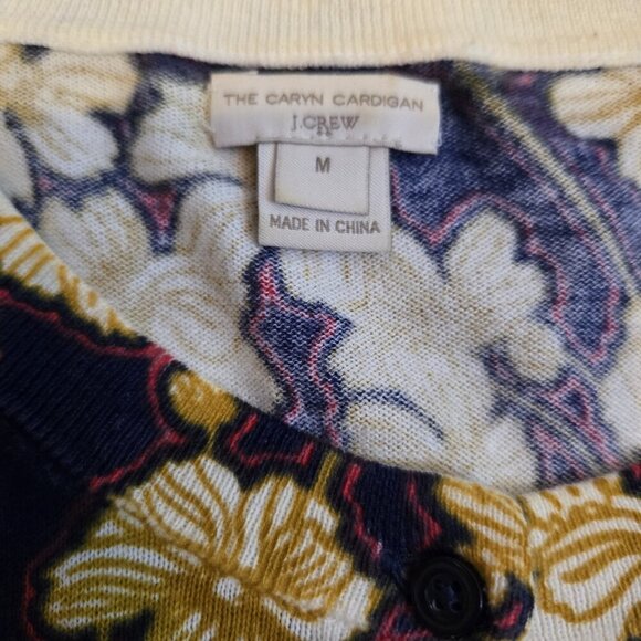 J Crew Caryn Cardigan Floral Yellow Black Red Medium F4734 FA16 Button Cotton - Picture 5 of 8